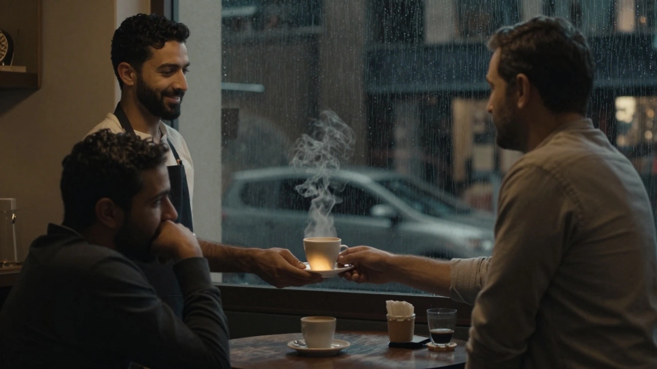 A barista smiles at a customer in a quiet Dubai café, steam rising from a coffee cup.
