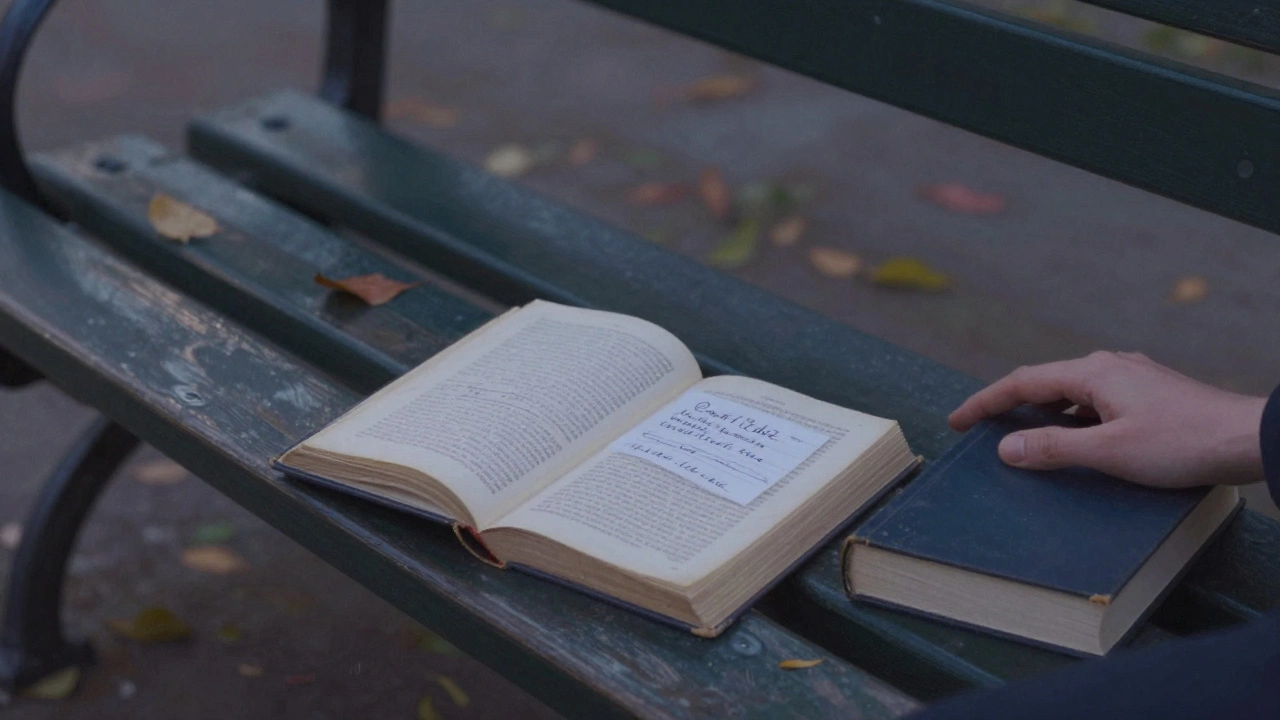 A park bench with two books left side by side, no people, at dusk.
