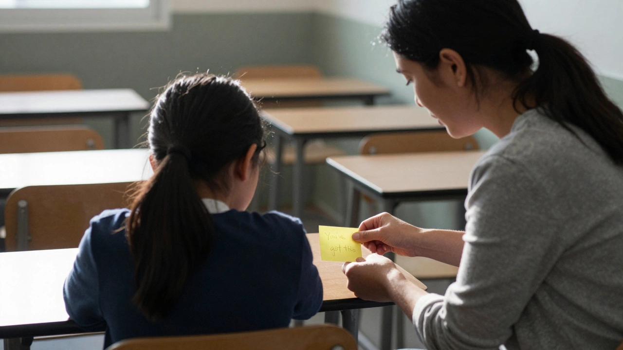 A teacher placing a sticky note on a student&#039;s desk in a quiet classroom.
