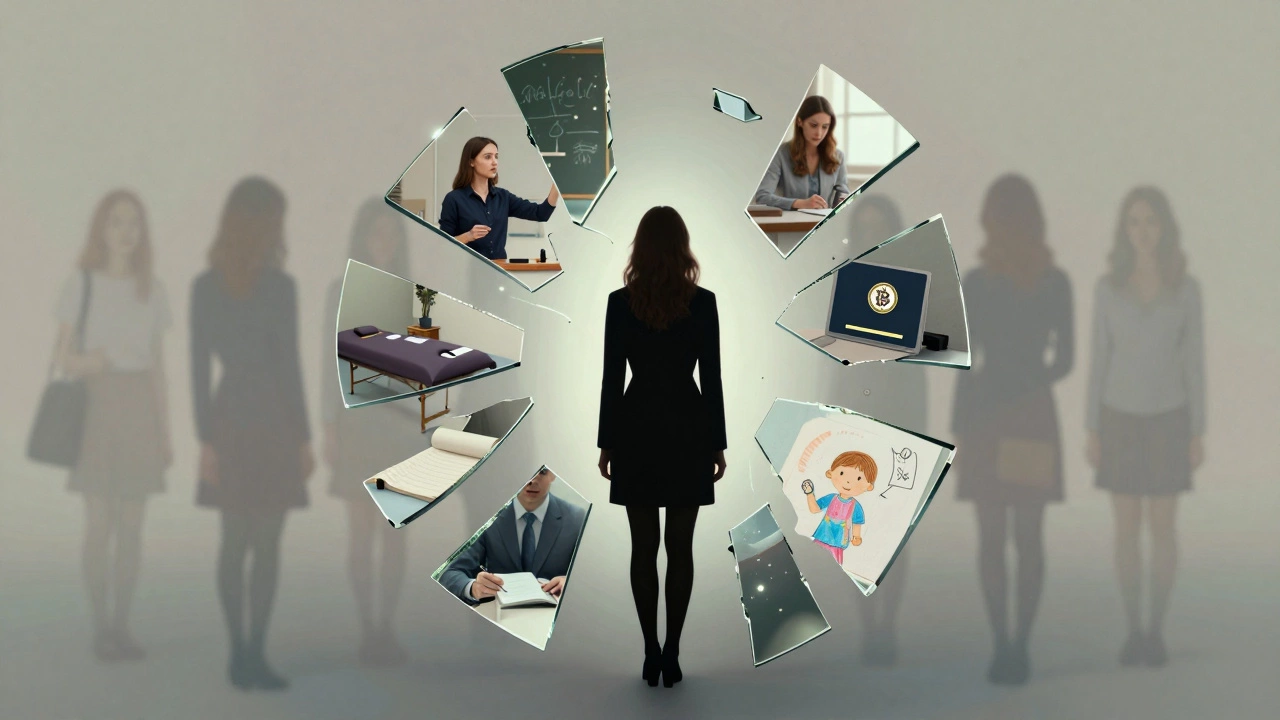 A woman&#039;s silhouette reflects multiple facets of her life — tutor, escort, mother, survivor — in a fragmented mirror.