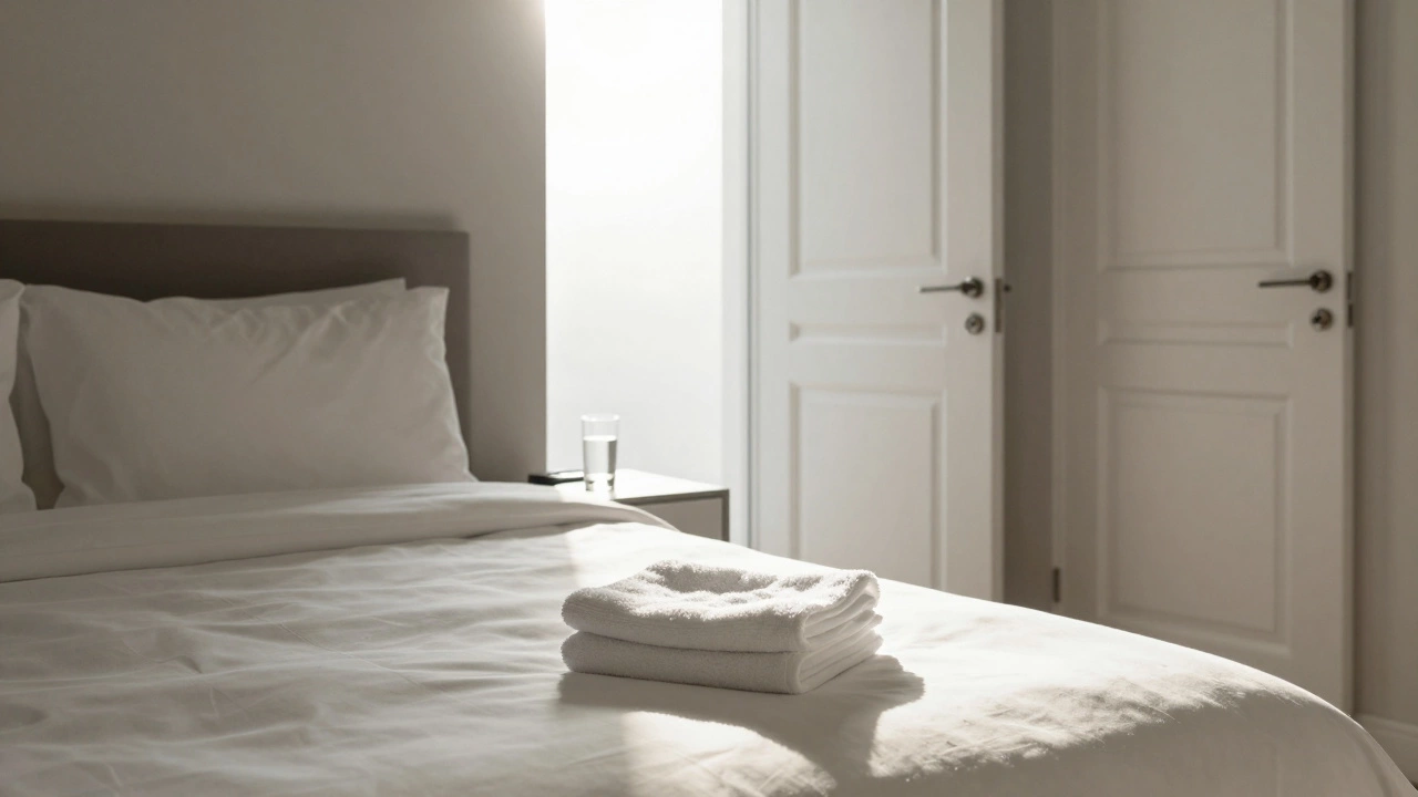 An empty luxury hotel room at dawn, sunlight on a neatly folded towel and a half-drunk glass.