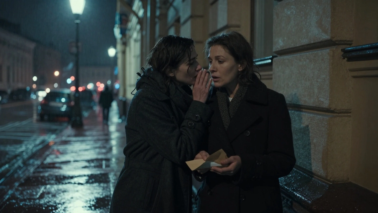 Two women whisper in a rainy alley, exchanging an envelope under a flickering streetlamp.